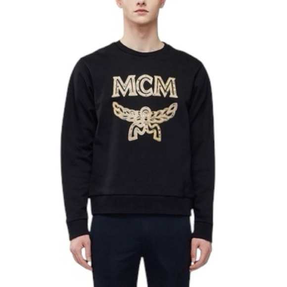 MCM Men’s Classic Logo Sweatshirt Pullover Black Gold Cotton Designer Small - Picture 1 of 15